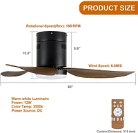 Simple Deluxe 40-Inch Ceiling Fan With Led Light And Remote Control, 6-Speed Modes, 2 Rotation