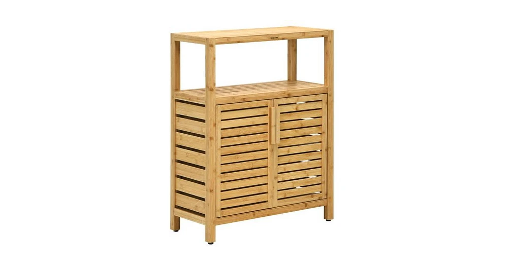 Slickblue 2-door wicker Floor Cabinet Storage Organizer with Open Shelf Adjustable Shelf