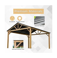 Mondawe 12x14ft Hardtop Gazebo Outdoor Aluminum Gazebo with Galvanized Steel Gable Canopy for Patio Decks Backyard (Yellow-Brown)