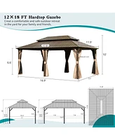 Mondawe 12ft X 18ft Aluminum Outdoor Hardtop Gazebo with Curtain & Netting Permanent Galvanized Steel Double Roof Pavilion for Patio Wedding, Backyard