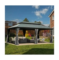 Mondawe 12ft X 20ft Outdoor Hardtop Gazebo with Curtain and Netting Aluminum Frame Galvanized Steel Double Roof Permanent Gazebo Pavilion for Patio, B