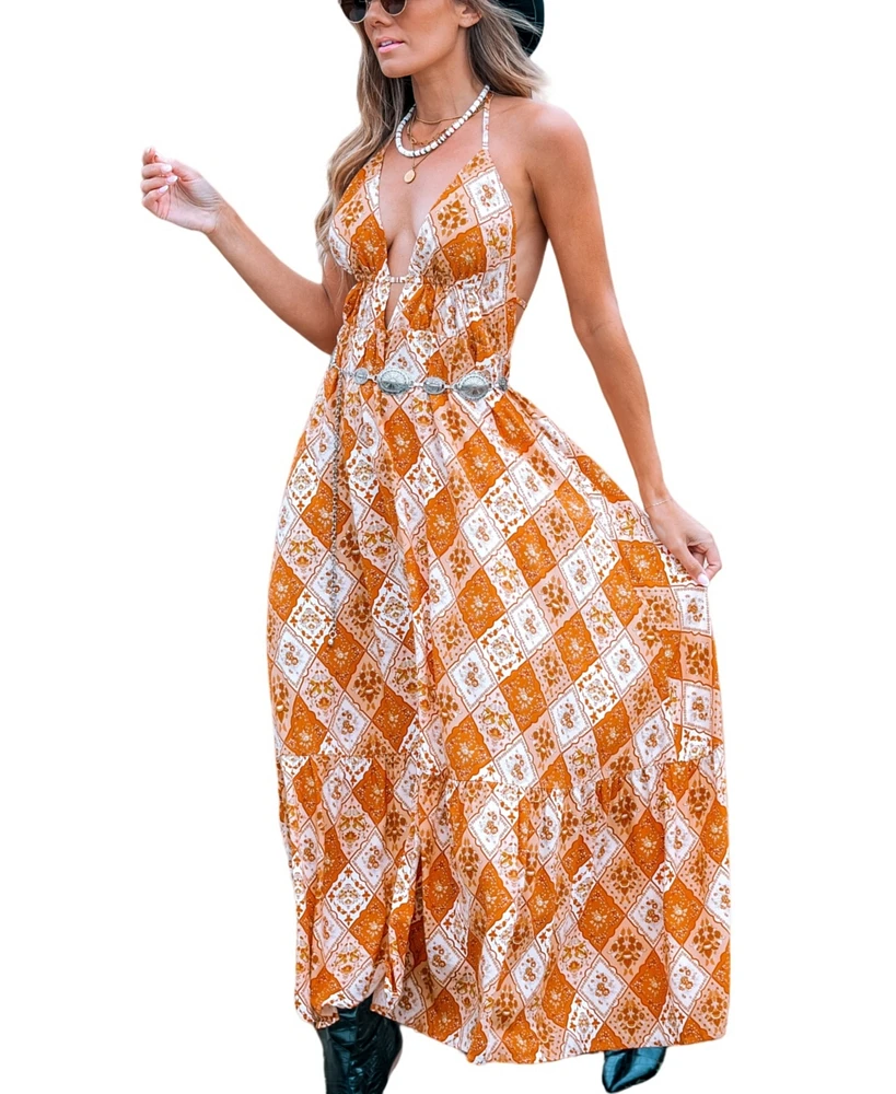 Cupshe Women's Burnt Orange Boho Sleeveless Plunging Maxi Beach Dress