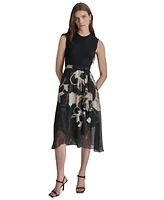 Dkny Women's Mixed-Media Sleeveless Belted Dress