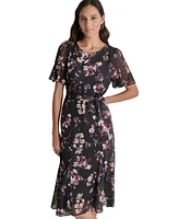 Dkny Women's Floral Flutter-Sleeve Belted Dress