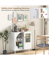 Costway Kitchen Sideboard Wooden Buffet Cabinet with Glass Holder & Tempered Glass Doors