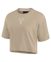 Fanatics Signature Women's Khaki Milwaukee Bucks Elements Super Soft Boxy Cropped T-Shirt