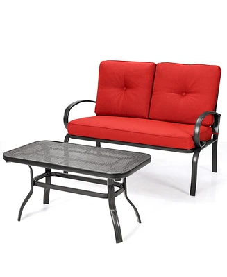 Sugift 2 Pieces Patio Outdoor Cushioned Coffee Table Seat-Red