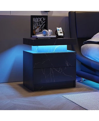 Simplie Fun Nightstand Led Bedside Table Cabinet Lights Modern End Side With 2 Drawers For Bedroom ( Gold