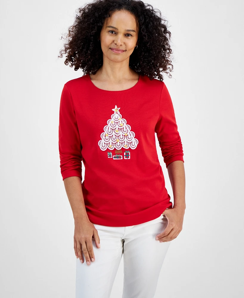 Holiday Lane Women's Crochet Tree Long-Sleeve Tee, Created for Macy's