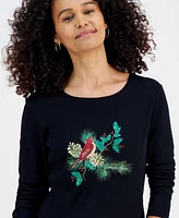 Holiday Lane Women's Cardinal Shine Long-Sleeve Top, Created for Macy's