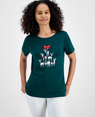 Holiday Lane Women's Deer Celebration Short-Sleeve Top, Created for Macy's