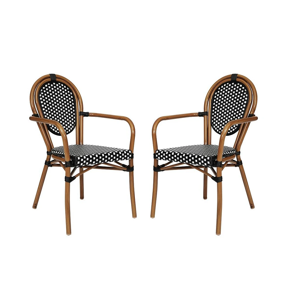 Merrick Lane Celia Set Of Two Stacking Thonet Bistro Style Chair With Arms, Pe Rattan Seat, And Metal Frame For Indoor/Outdoor Use