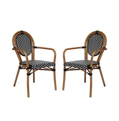 Merrick Lane Celia Set Of Two Stacking Thonet Bistro Style Chair With Arms, Pe Rattan Seat, And Metal Frame For Indoor/Outdoor Use