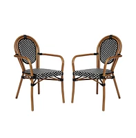 Merrick Lane Celia Set Of Two Stacking Thonet Bistro Style Chair With Arms, Pe Rattan Seat, And Metal Frame For Indoor/Outdoor Use