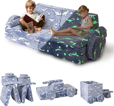 Caromio 8-Piece Kids Play Couch Glow Dinosaur Kids Mudular Play Sofa Couch Fort Building Toddler Playset