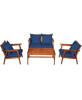 Costway 8PCS Patio Rattan Furniture Set Acacia Wood Frame Cushioned Sofa Chair Red