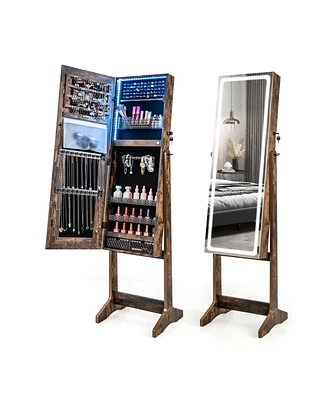 Sugift Lockable Jewelry Armoire Standing Cabinet with Lighted Full-Length Mirror-Coffee