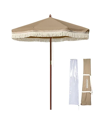 LAGarden 7' Patio Khaki Umbrella with Tassels UPF50+ Boho Style 5-Year-Non-Fading for Yard,Model:BH7W-10P
