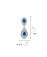 Bling Jewelry Fashion Art Deco Style Teardrop Shaped Halo Aaa Cubic Zirconia Clear Royal Blue Statement Elegant Chandelier Clip On Earrings Prom