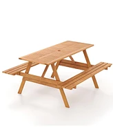 Slickblue 6 Person Picnic Table Set Patio Rectangle with 2 Built-in Benches and Umbrella Hole