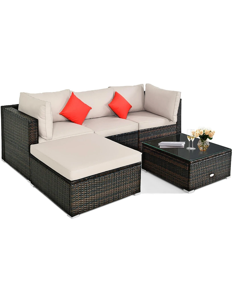 Costway 5PCS Outdoor Patio Rattan Furniture Set Sectional Conversation