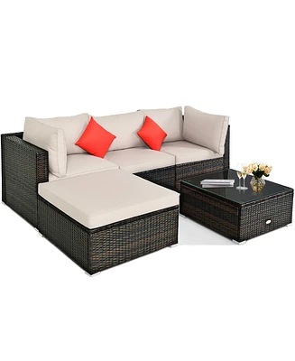 Costway 5PCS Outdoor Patio Rattan Furniture Set Sectional Conversation