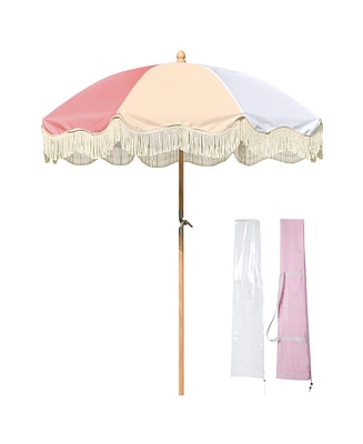 LAGarden 6Ft Fringe Patio Umbrella with Tassels & Carry Bag 50 / 60s Vintage Style Umbrella Wood Pink,Model: PS6-12
