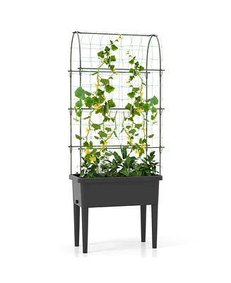 Slickblue Self-watering Raised Garden Bed Elevated Planter with Climbing Trellis-Black