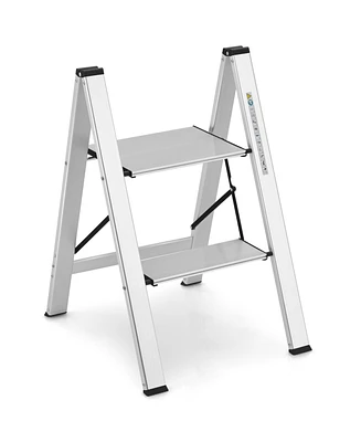 Slickblue Folding Aluminum 2-Step Ladder with Non-Slip Pedal and Footpads-Silver