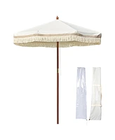 LAGarden 7' Patio Beige Umbrella with Fringe UPF50+ Boho Style 5-Year-Non-Fading for Outdoor,Model: BH7W-01