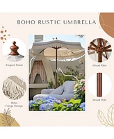 LAGarden 7' Patio Beige Umbrella with Tassels UPF50+ Boho Style 5-Year-Non-Fading for Outdoor,Model:BH7W-01P