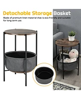 Costway Industrial Round End Side Table Sofa Coffee Table w/ Storage Basket&Metal Frame