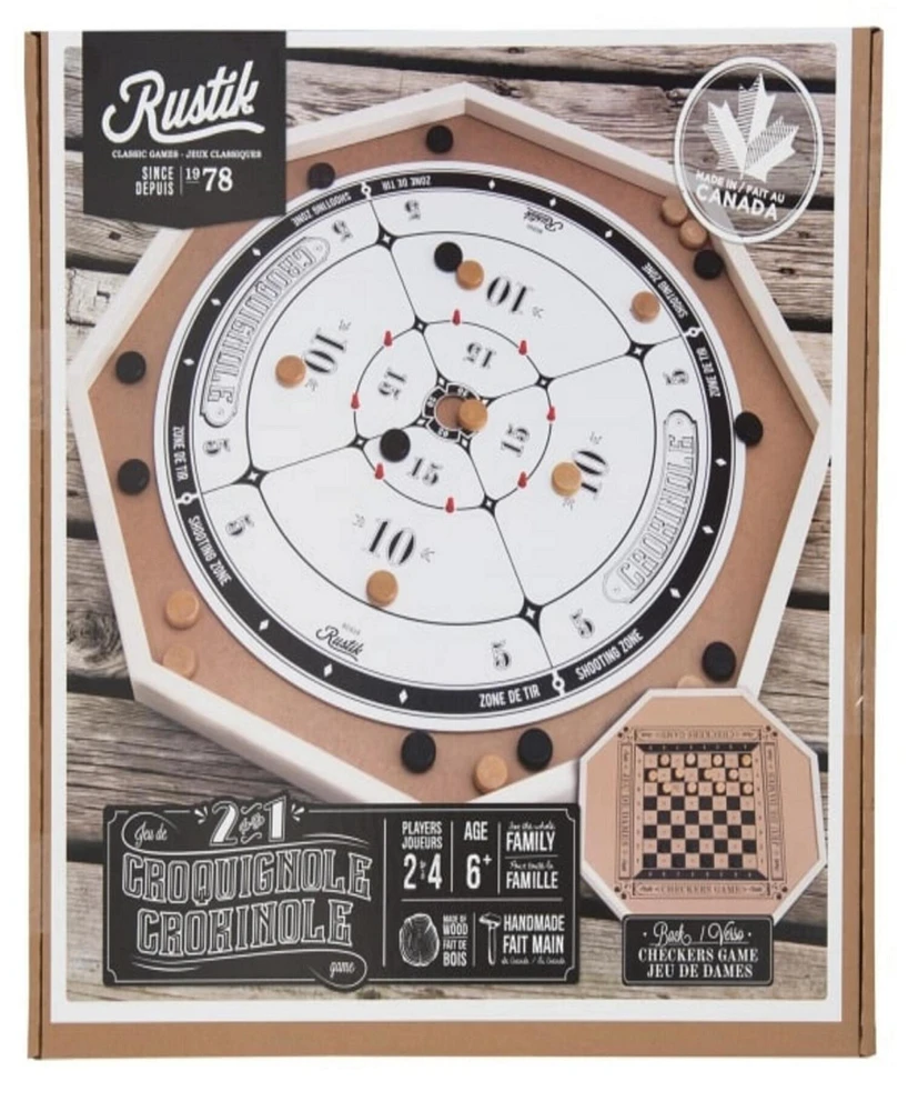 Family Games America Rustik 2-In-1 Deluxe Crokinole Checkers Strategy Games