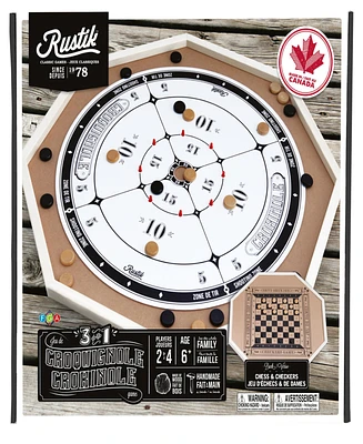 Family Games America Rustik 3-In-1 Deluxe Crokinole, Checkers Chess