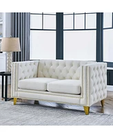 Simplie Fun Beige Velvet Sofa with Tufted Square Arm