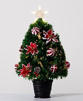 Nearly Natural 24in. Pre-Lit Fiber Optic Artificial Christmas Tree with Ornaments, Poinsettia and Star Topper