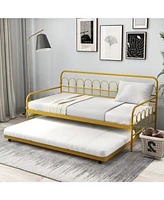 Twin Size Golden Metal Daybed with Trundle and Lockable Wheels-Twin Size