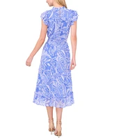 CeCe Women's Tropical-Print Flutter-Sleeve Smocked-Waist Midi Dress