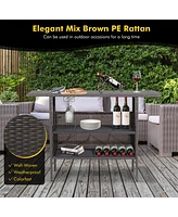 Sugift Outdoor Wicker Bar Table with 2 Metal Mesh Shelves