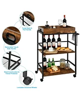 Sugift 3-Tier Kitchen Serving Bar Cart with Lockable Casters and Handle Rack for Home Pub