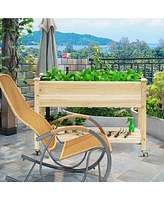 Sugift Wood Elevated Planter Bed with Lockable Wheels Shelf and Liner