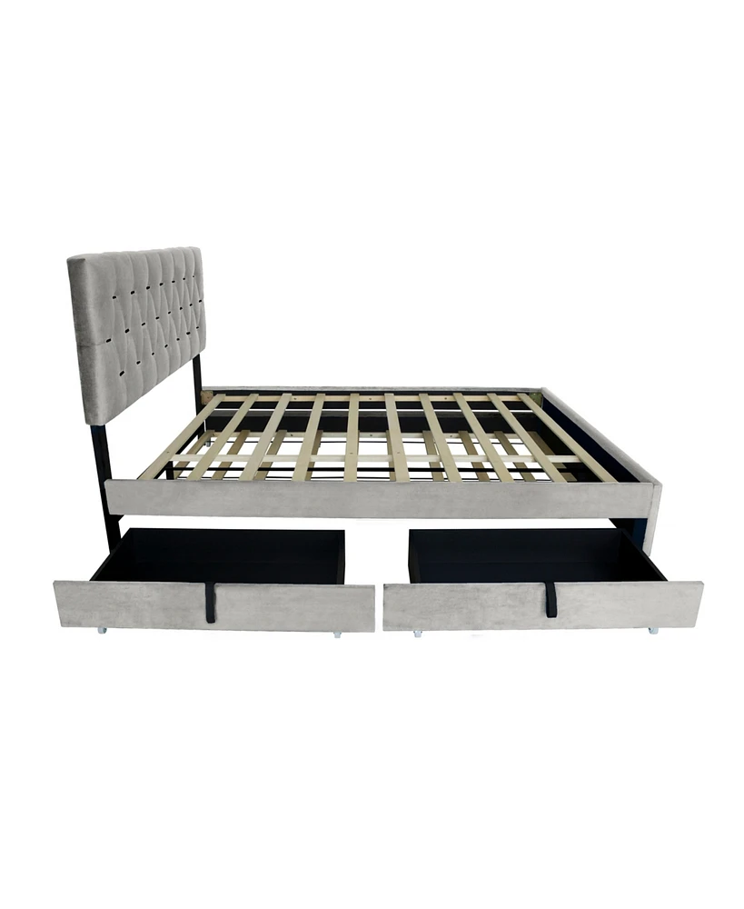 Streamdale Furniture Gray Queen Size Trundle Pull Out Drawers Storage Upholstered Bed Modern Design No Box Spring Required