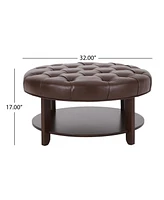 Versatile Button Tufted Faux Leather Ottoman with Open Shelf