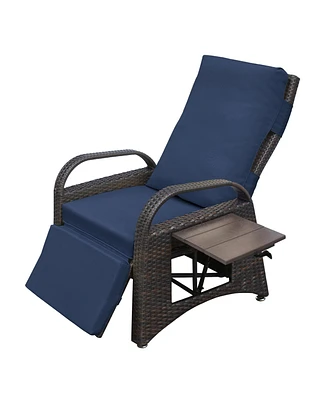 Simplie Fun Handwoven Rattan Recliner with Adjustable Buckle & Built-in Table