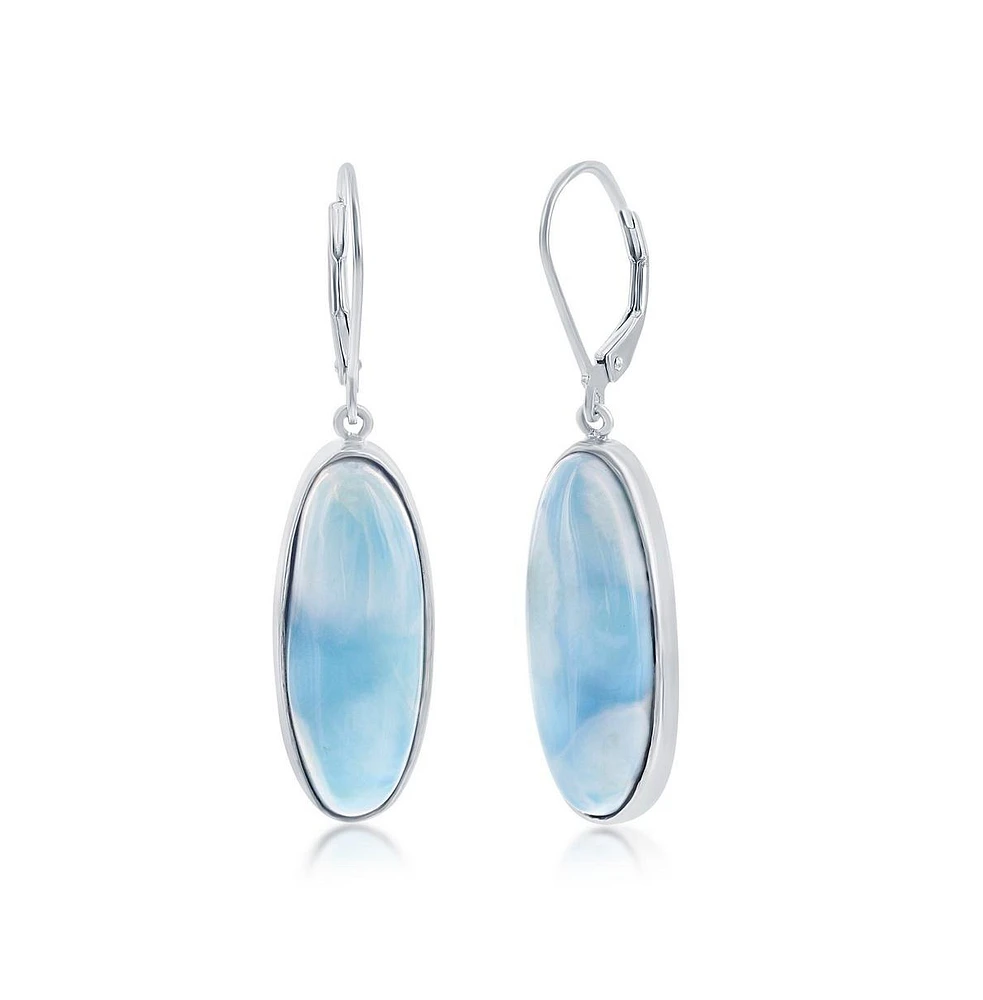 Caribbean Treasures Sterling Silver Bezel-Set Oval Larimar Dangling Leverback Earrings