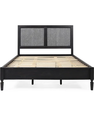 Simplie Fun Modern Rustic Queen Bed with Woven Cane and Acacia Wood