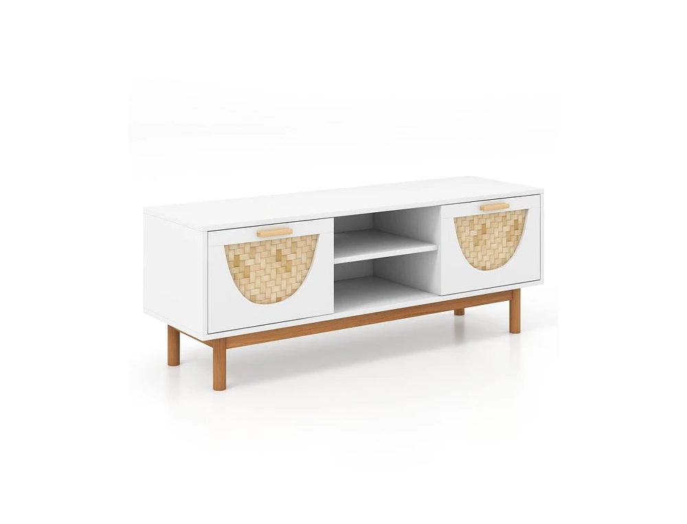 Slickblue Mid Century Modern Tv Stand Entertainment Center for 55-Inch Tv with 2 Drawers and Bamboo Woven Fronts-White
