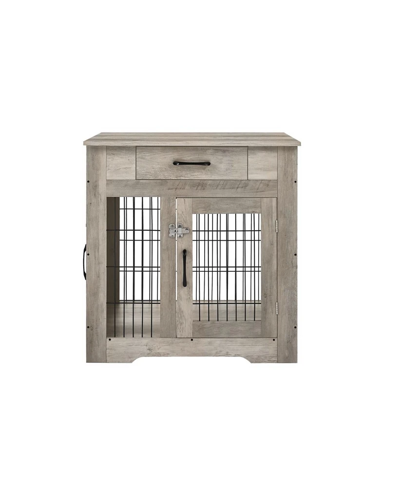 Simplie Fun Grey Dog Crate End Table With Drawer, Double Doors, 29.9" X 24.8" X 30.71"