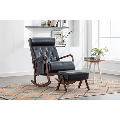 Simplie Fun Rocking Chair With Ottoman, Mid-Century Modern Upholstered Fabric Rocking Armchair, Rocking