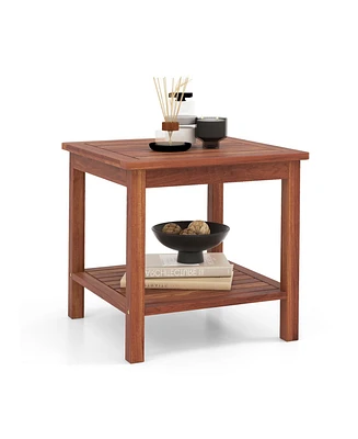 Slickblue Double-Tier Acacia Wood Patio Side Table with Slatted Tabletop and Shelf